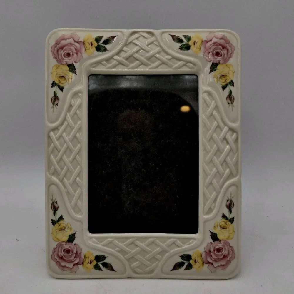 Belleek Fine China Ireland Red Yellow Rose White Lattice Picture Frame VTG 2000